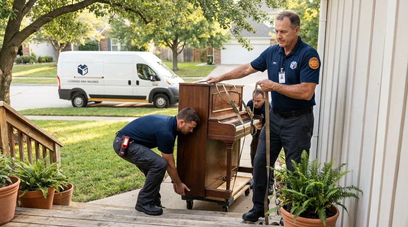 Licensed piano movers securing grand piano in Estell Manor, NJ