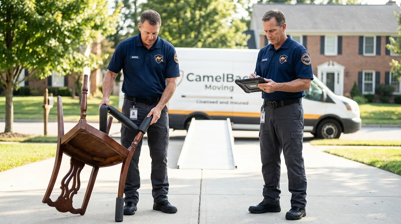 Movers inspecting furniture for damage prevention before loading in Estell Manor, NJ