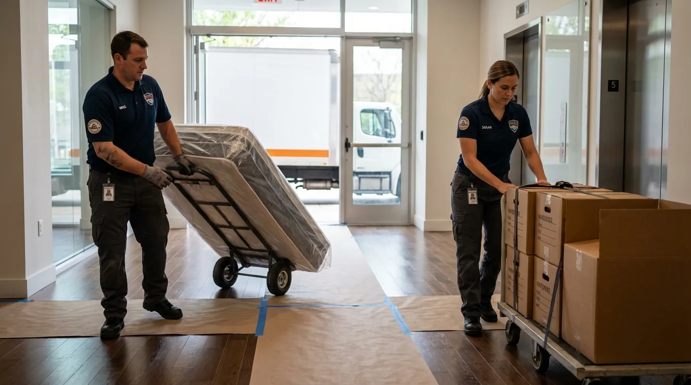 Professional apartment movers loading elevator in Estell Manor, NJ